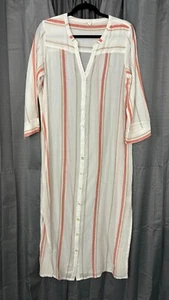 Garnet Hill Organic Cotton Side Slit Shirt Dress Women 8 White Pink Stripe Beach - Picture 1 of 18