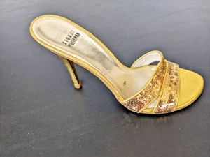 Stuart Weitzman Metallic Gold Leather Glitter Slide Heel Sandals 7.5M, New $299 - Picture 1 of 6