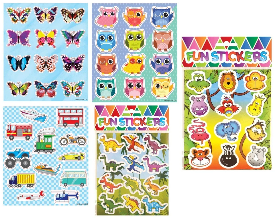 FUN STICKERS Childrens Party Bag Stickers Sticker Sheets Kids Fillers 5 Designs 2 - 10 Packs