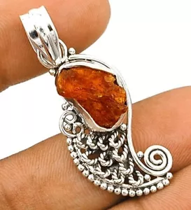 Filigree Natural Rough Orange Kyanite 925 Solid Sterling Silver Pendant - Picture 1 of 1