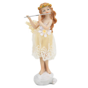 Flower Fairy Playing Flute Figurine Angel Statue Resin Desk Decor Ornament YEK