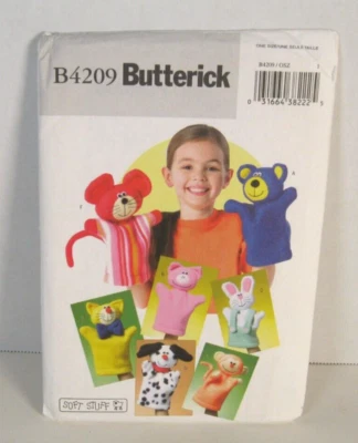 Butterick 4209 Animal Hand Puppets: Bear, Pig, Cat, Dog & Monkey Pattern Uncut - Image 1 of 2
