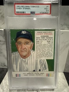 🔥⚾️1953 Red Man Tobacco MIT TAB #1 Casey Stengel PSA 3,5 New Label Yankees! - Bild 1 von 18