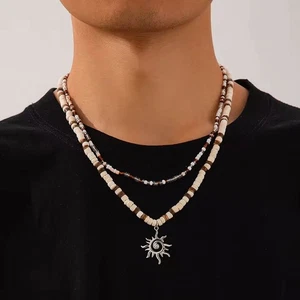 Herren Halskette 2er Set Herrenkette Surfer Kokos Sommer Skater Kette Ton Perlen - Bild 1 von 5