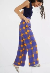 Anthropologie Porridge Preppy Plaid Wide Leg Pant Size L NWT Orange Purple - Picture 1 of 9