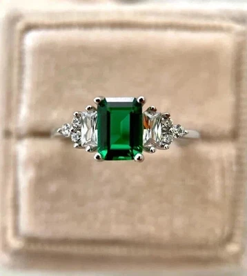 3.00Ct Emerald Cut Natural Green Emerald Anniversary Ring 14K White Gold Plated - Image 1 of 4