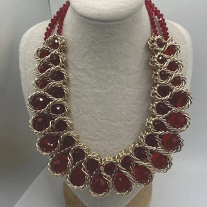 Collar babero vintage de eslabones de cadena facetados rojos y tono dorado pasarela llamativa - Imagen 1 de 6