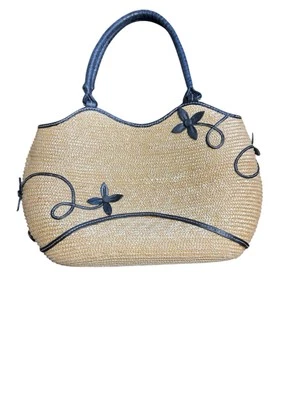 COLE HAAN сплетенный соломы цветочный черный кожаный маленькая сумка с короткими ручками - Изображение 1 из 4