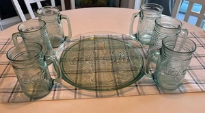 (6) Vintage 5.5" Coca Cola Embossed Thick Green Glass Mugs With 13” Round Tray - Picture 1 of 7