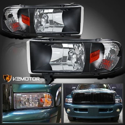 Fits 1994-2001 Dodge Ram 1500 2500 3500 Black Headlights Lamps Pair Left+Right Foto 1 de 4