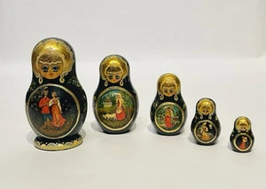 Bambola russa vintage dipinta a mano Matrioska nidificazione set 5 pezzi - Foto 1 di 10