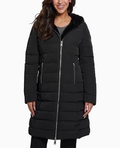 Guess Women's Faux Fur Lined Hooded Puffer Coat Sz M Jet Black $320 - Picture 1 of 4