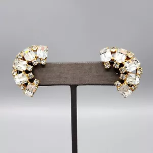 Vintage Unsigned Clear Baguette Chaton Rhinestone Half Circle Clip Earrings - Picture 1 of 8