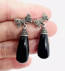 JUDITH JACK Sterling Silver & Onyx Bow Drop Dangle Earrings 10gm Vintage Jewelry - Picture 1 of 7