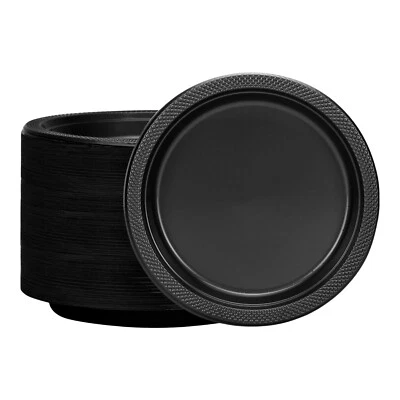 100 Pack Black Plastic Plates Disposable 9 inch Dinner Plates for Party BPA Free - Image 1 of 4