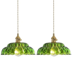 2 Pack Pendant Light with Lotus Green Glass Lampshade, Brass Vintage Pendant ... - Picture 1 of 9