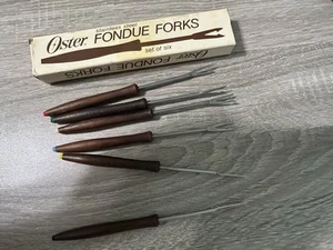 Vintage Oster Edelstahl 6 Fondue Gabeln MCM Holzgriffe farbcodiert Japan - Bild 1 von 5
