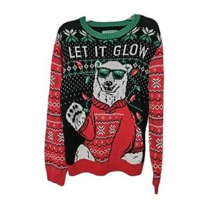UGLY CHRISTMAS Sweater Men’s Lg Polar Bear Holiday Festive Red Green Black EUC - Picture 1 of 6