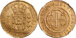 Brazil 1813-R João Prince Regent Gold 4000 Reis NGC AU-58 - Picture 1 of 4