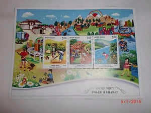 - INDIA STAMPS - SOUVENIR SHEET - " SWACHH BHARAT " - 3 DIFF. STAMPS X RS.5/- - Picture 1 of 4