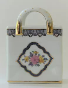 Kleine Keramik Blumenvase oder Stiftehalter weiß und blau Blumen Goldrand - Bild 1 von 6