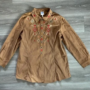 Chaqueta tribal DG2 Diane Gilman para mujer talla grande 1X marrón bordada con botón a presión - Imagen 1 de 13