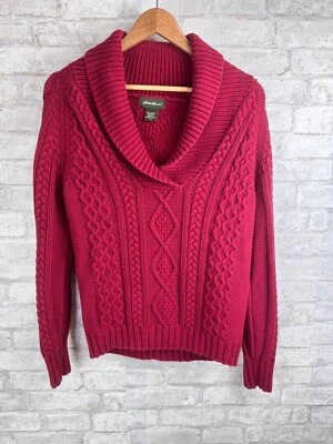 Suéter Eddie Bauer Mediano Rosa Baya Tejido con Cable Chal Cuello Pullover Pescador Foto 1 de 4