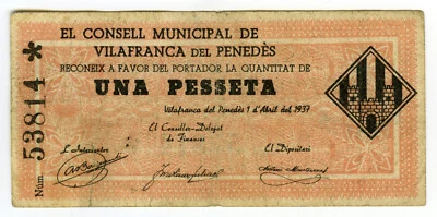 # SPAIN CIVIL WAR 1937 • VILAFRANCA PENEDES 1 PTA ☆ GUERRA CIVIL ESPAÑOLA ☆D0429 - Image 1 of 2