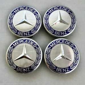 SET OF 4 Mercedes-Benz 75MM Classic Dark Blue Wheel Center Hub Caps AMG Wreath - Picture 1 of 7