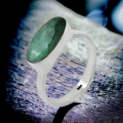 Кольцо из стерлингового серебра 925 пробы с натуральным изумрудом размер 7 подарок на день рождения ювелирные изделия ручной работы - Изображение 1 из 4