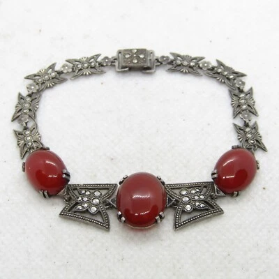 Brazalete de plata de ley 925 rojo marrón piedra y marcasita vinculado 7" K4070 Foto 1 de 4