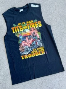 If It Has Tits or Tires? Muscle Shirt Route 69 Biker Sexy Babes Men's BNWT - Picture 1 of 6
