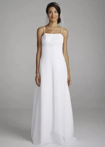 Neu mit Etikett David's Braut Spaghettiträger-Chiffonkleid vorne geschlitzt Perlen 20 W - Bild 1 von 9