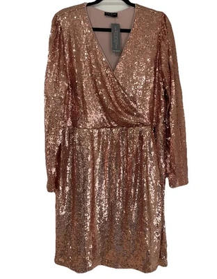 Lane Bryant Plus Size 18 Long Sleeve Sequin Wrap Dress Rose gold Holiday Fancy - Image 1 of 4