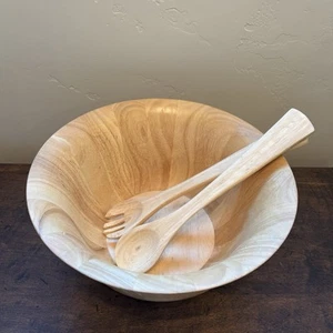 Vintage Bamboo Wooden Salad Bowl Set 20 Cup Capacity Fork Spoon Utensil Oversize - Picture 1 of 7