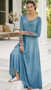 Soft Surroundings Anneli Maxi Dress •M• Blue Flare Long Embroidered Sleeves - Picture 1 of 11
