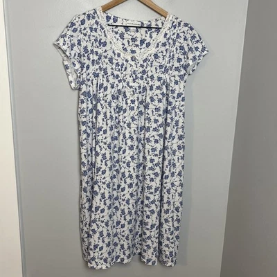 Miss Elaine Sz Large Nightgown Knee Length Cap Sleeves White Floral Cotton Poly - Image 1 of 4