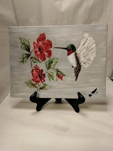9 x 12 Original Kunst Stillleben Kolibri mit roten Blumen ISTZUSTAND - Bild 1 von 7