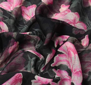 Sushila Vintage Floral Black Saree Pure Chiffon Silk Printed Soft Craft Fabric - Picture 1 of 9