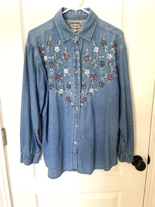 Tontrum Blues Ladies' Button Front Denim Shirt Size 14 Blue Embroidery Detailing - Picture 1 of 5