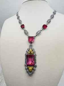 Art Deco PS Co. Necklace 14K Gold Rhodium Filigree Pink Crystal Glass 1930s - Picture 1 of 12