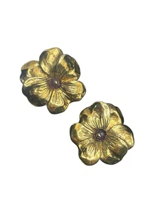 Gold vermeil over sterling silver flower stud earrings purple stone signed - Picture 1 of 19