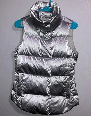 Athleta Metallic Silver Downtown High Neck Puffer Ski Vest Down Filled Sz XS - Image 1 of 4