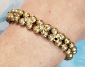 Flower Beaded Link Bracelet Rhinestones- Gold-tone 7.5" Floral jewelry gbr-1 - Picture 1 of 6