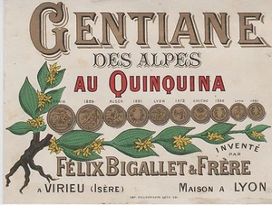 "GENTIANE DES ALPES AU QUINQUINA BIGALLET" Etiquette-chromo originale fin1800 - Picture 1 of 1