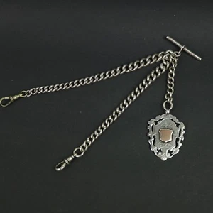 Heavy Antique Solid Sterling Silver Double Albert Pocket Watch Chain & Fob 65g - Picture 1 of 12