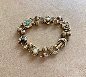 Vintage Goldette Victorian Revival Moon Bracelet Pearl & Turquoise Faux ? Signed - Picture 1 of 6