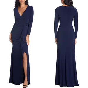 NEW BETSY & ADAM Navy CASCADE Ruffle LONG SLEEVE Stretch Jersey DRAPED GOWN 6 - Picture 1 of 16