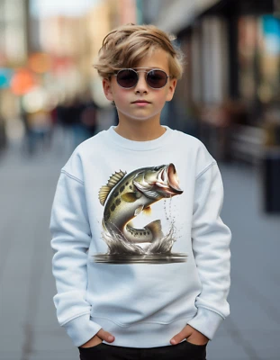 Kids Largemouth bass fishing sweatshirt Childs jumper fish gift idea bucketmouth - Image 1 of 4