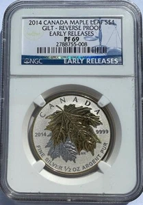 2014 Canada $4 1/2oz Fine Silver Gilt Maple Leaf Reverse Proof ER NGC PF 69 - Picture 1 of 2